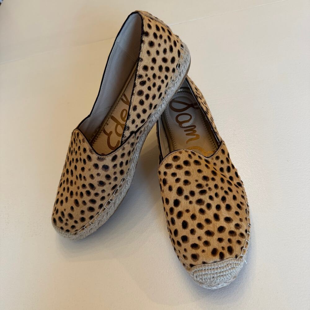 Sam Edelman Animal Print Leather Espadrilles Size US10 Beige Black Slip On Flat